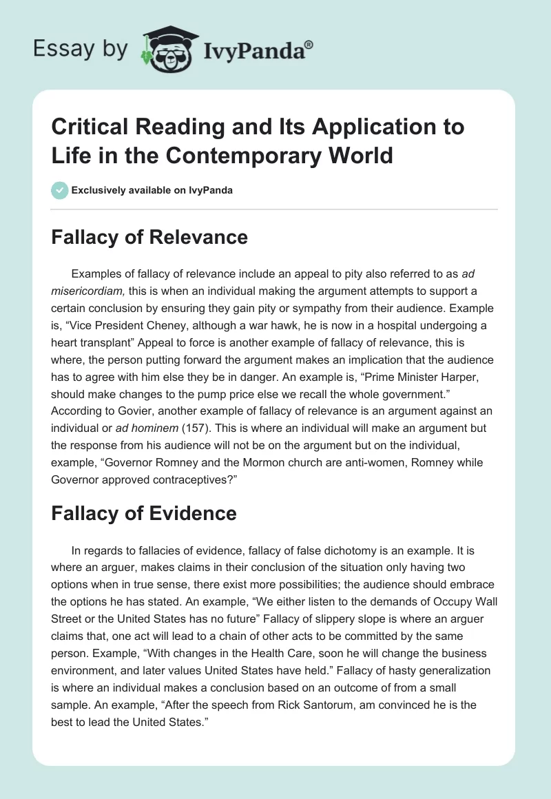 Critical Reading and Its Application to Life in the Contemporary World. Page 1
