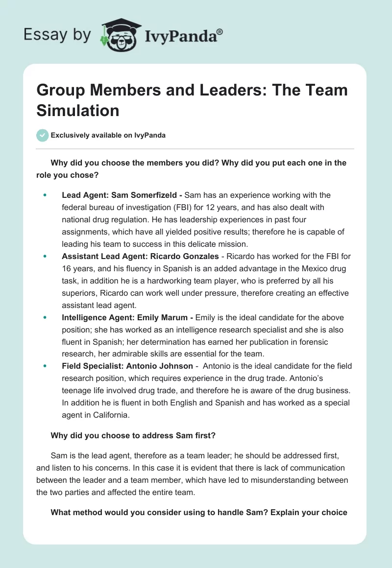 Group Members and Leaders: The Team Simulation. Page 1