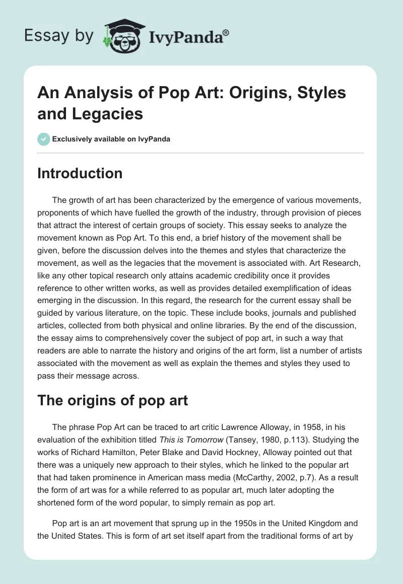 An Analysis of Pop Art: Origins, Styles and Legacies. Page 1