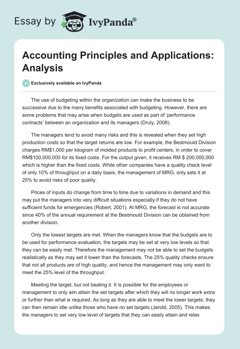 Accounting Principles and Applications: Analysis. Page 1