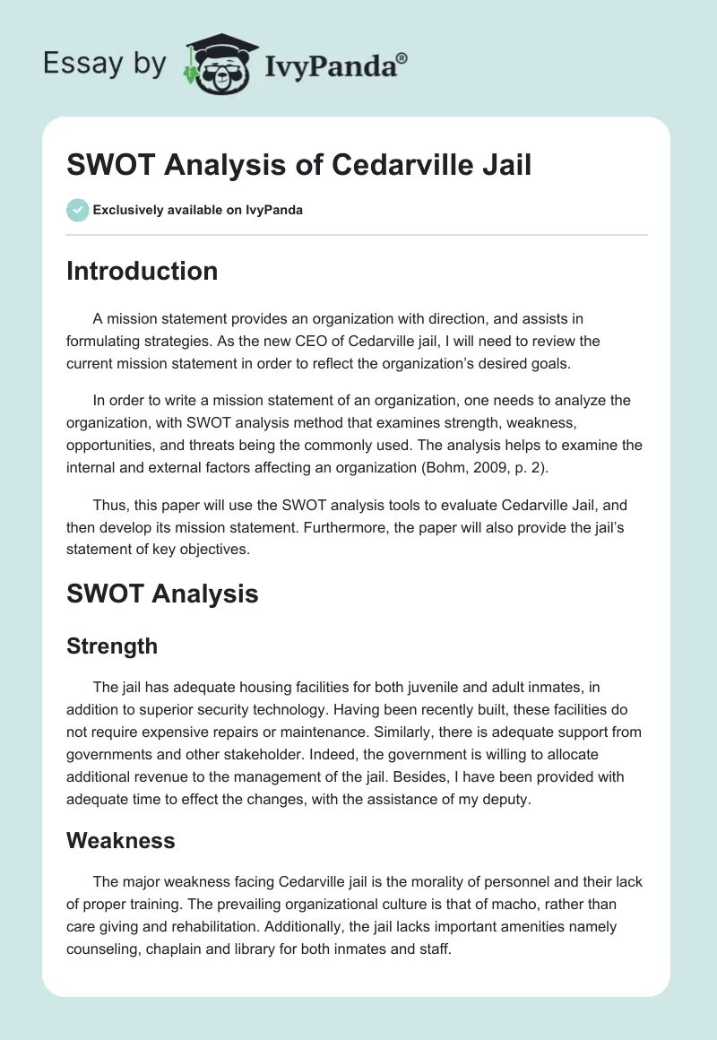 SWOT Analysis of Cedarville Jail. Page 1