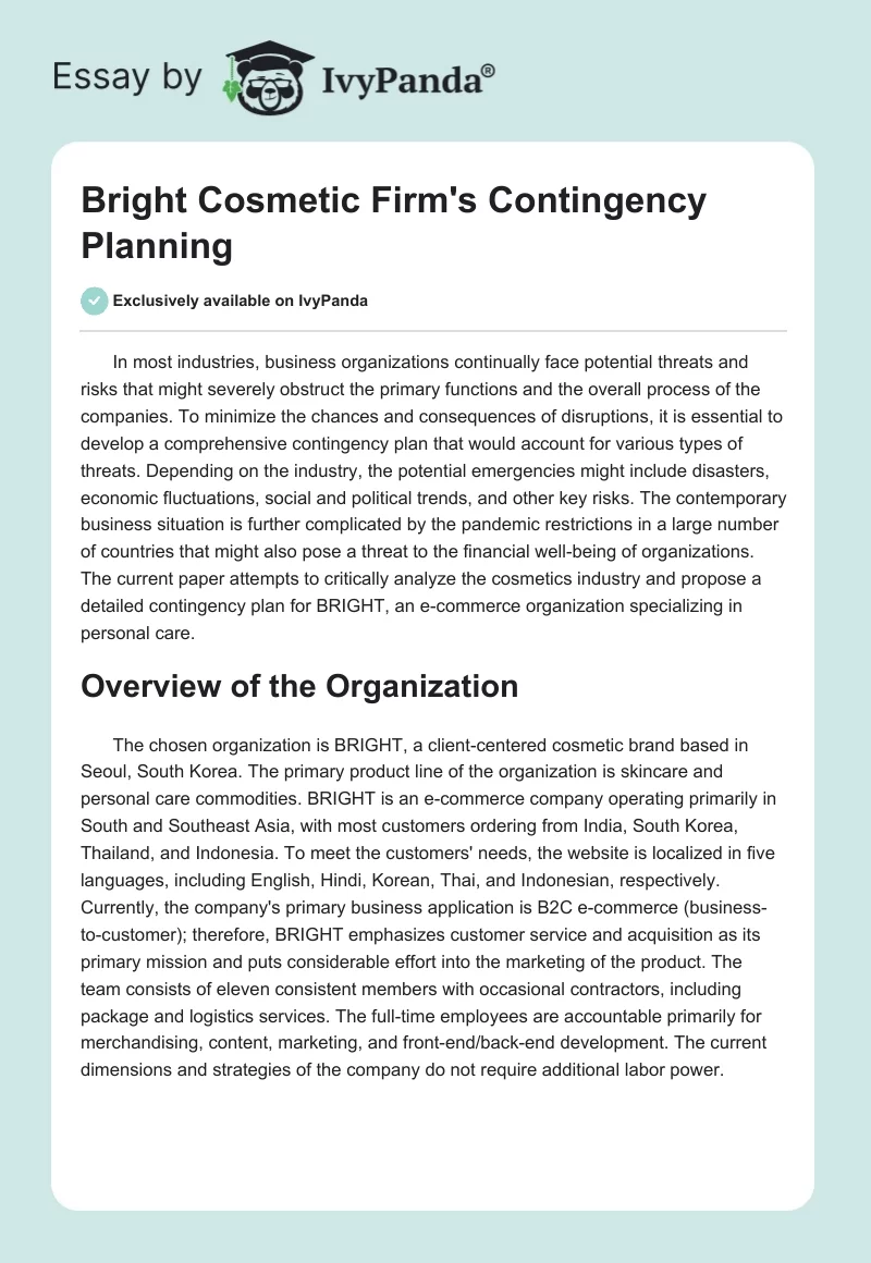 Bright Cosmetic Firm's Contingency Planning. Page 1