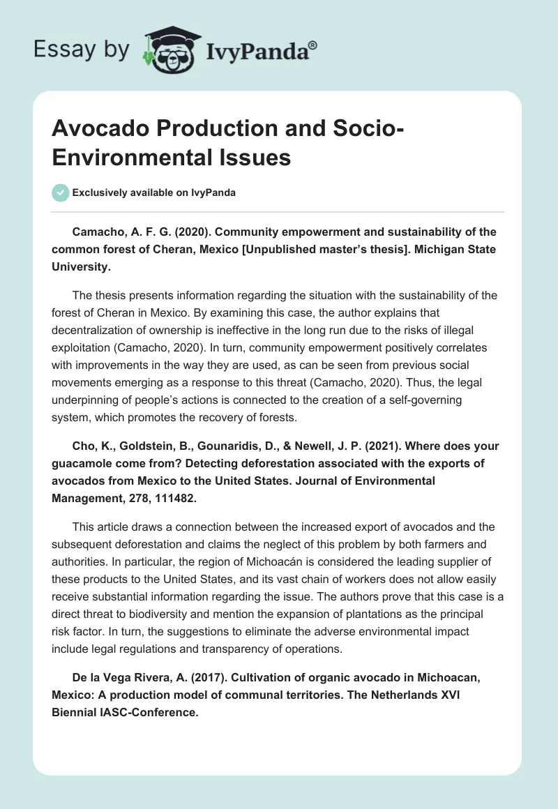Avocado Production and Socio-Environmental Issues. Page 1