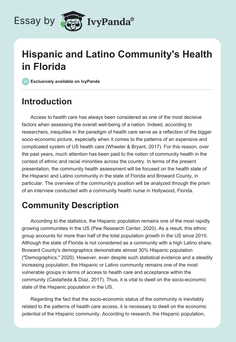 Hispanic and Latino Community's Health in Florida. Page 1