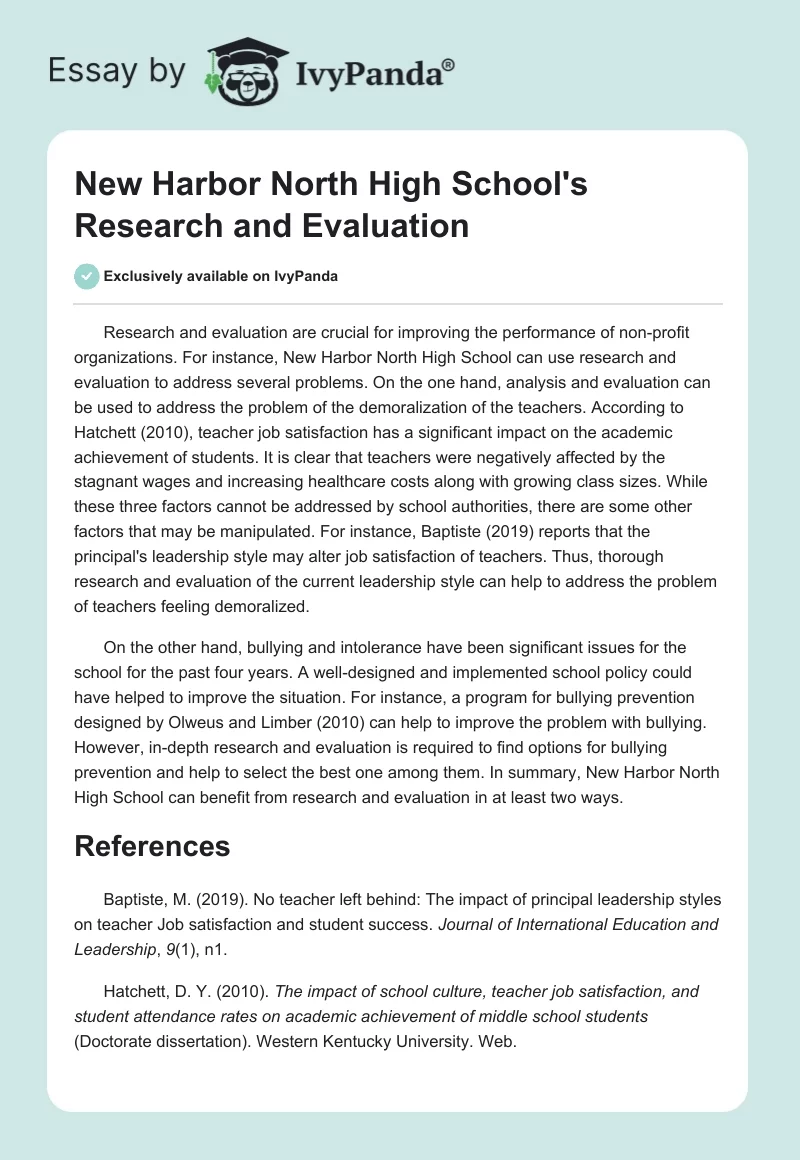 New Harbor North High School's Research and Evaluation. Page 1