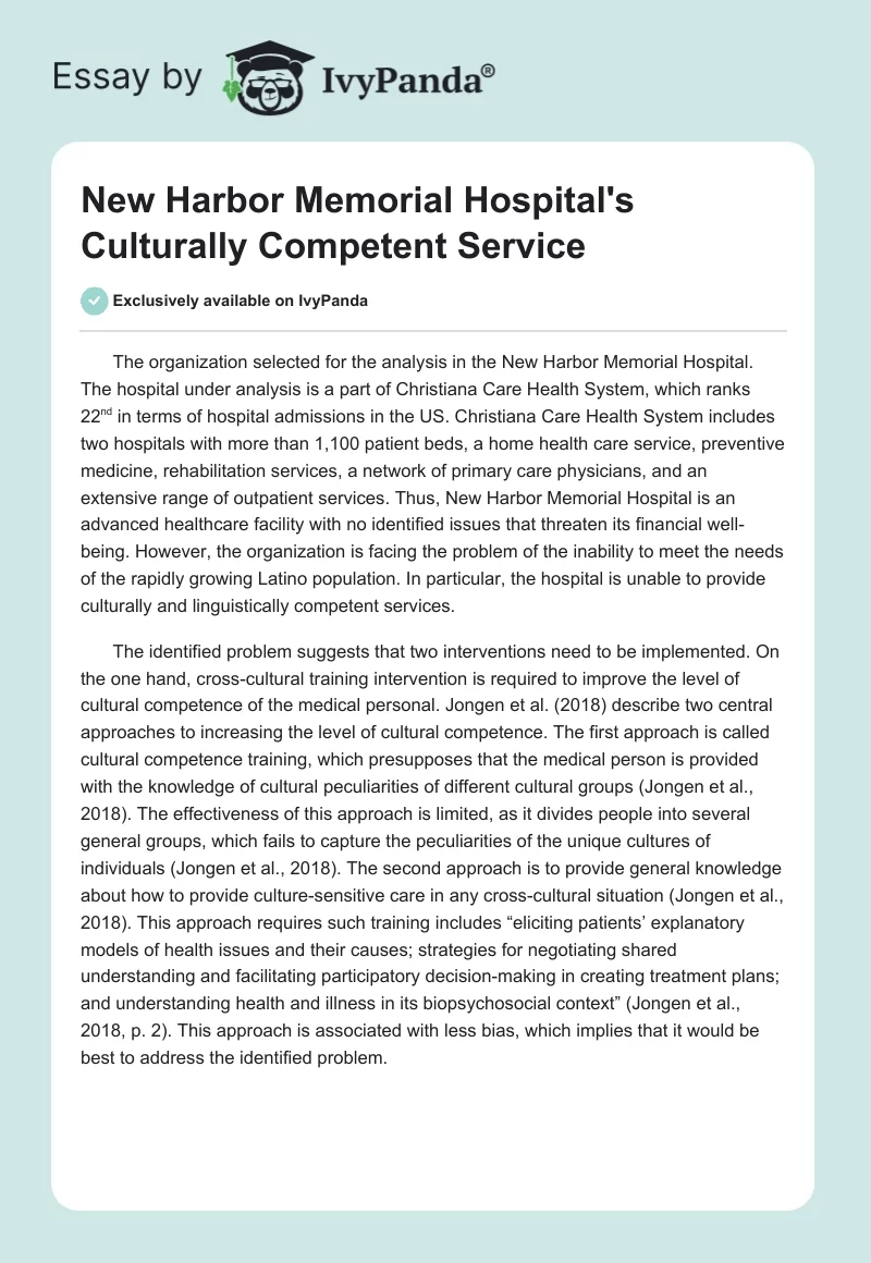 New Harbor Memorial Hospital's Culturally Competent Service. Page 1