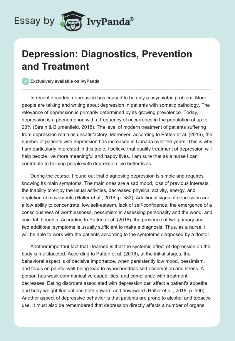 Depression: Diagnostics, Prevention and Treatment. Page 1