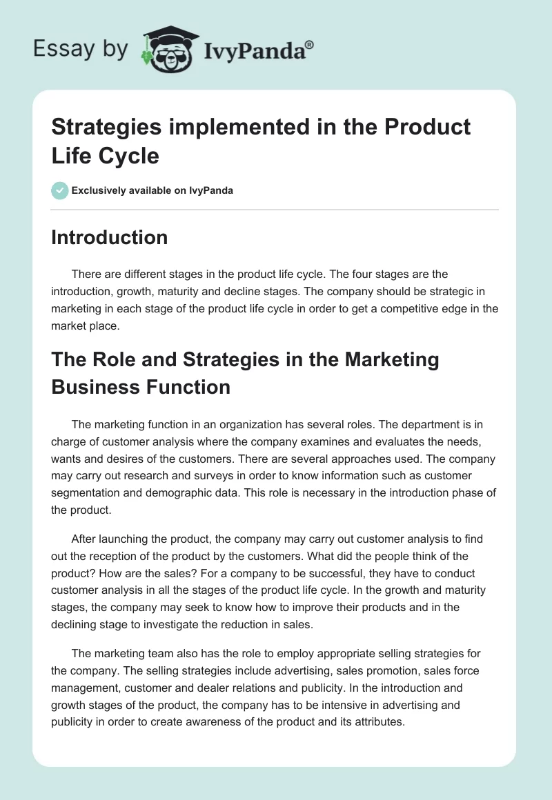 Strategies implemented in the Product Life Cycle. Page 1