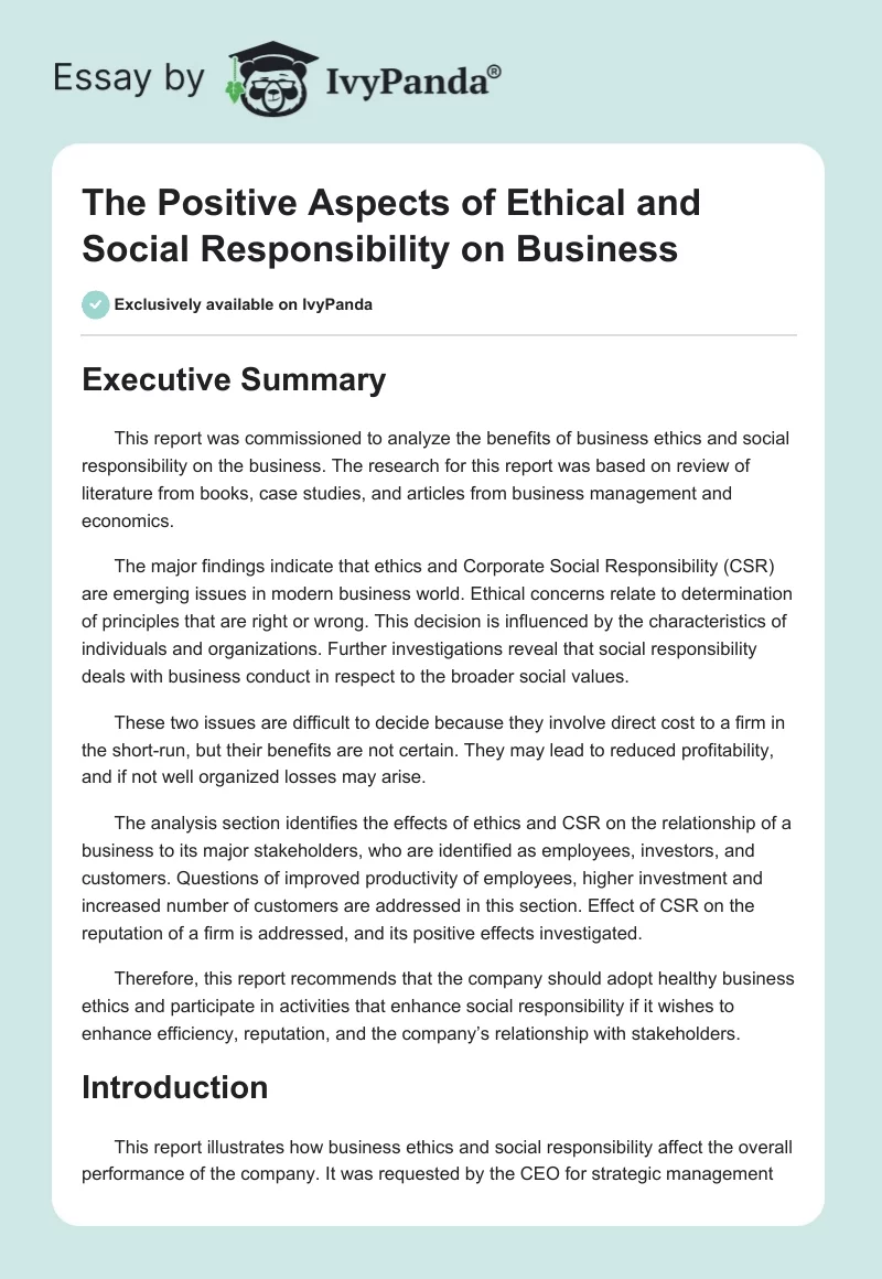 The Positive Aspects of Ethical and Social Responsibility on Business. Page 1