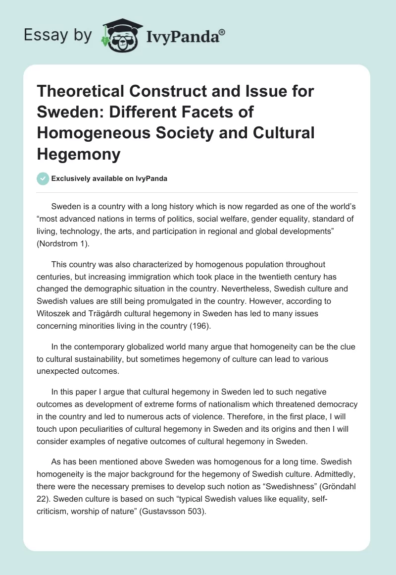 Theoretical Construct and Issue for Sweden: Different Facets of Homogeneous Society and Cultural Hegemony. Page 1