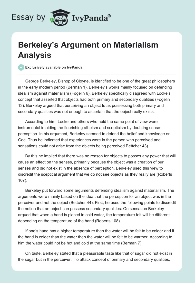 Berkeley’s Argument on Materialism Analysis. Page 1