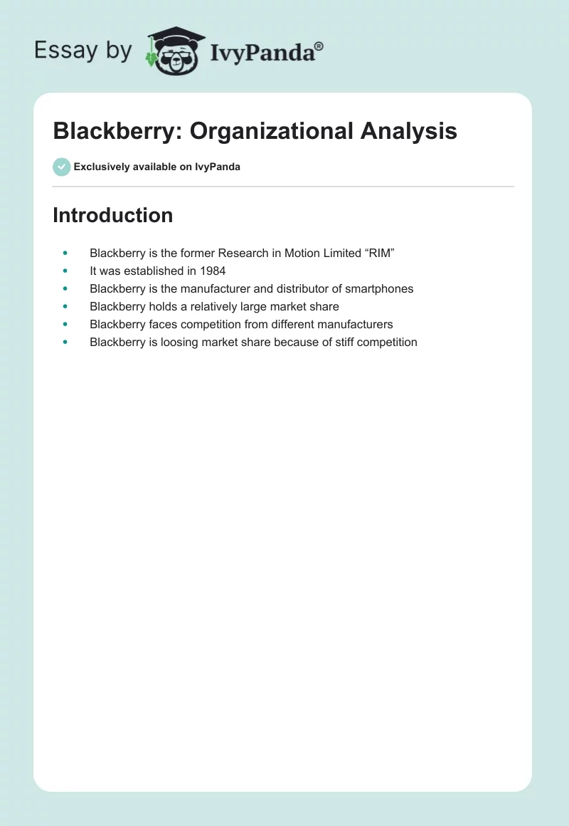 Blackberry: Organizational Analysis. Page 1