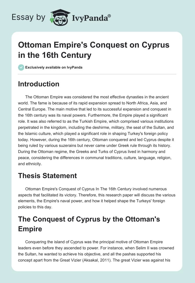 Ottoman Empire's Conquest on Cyprus in the 16th Century. Page 1