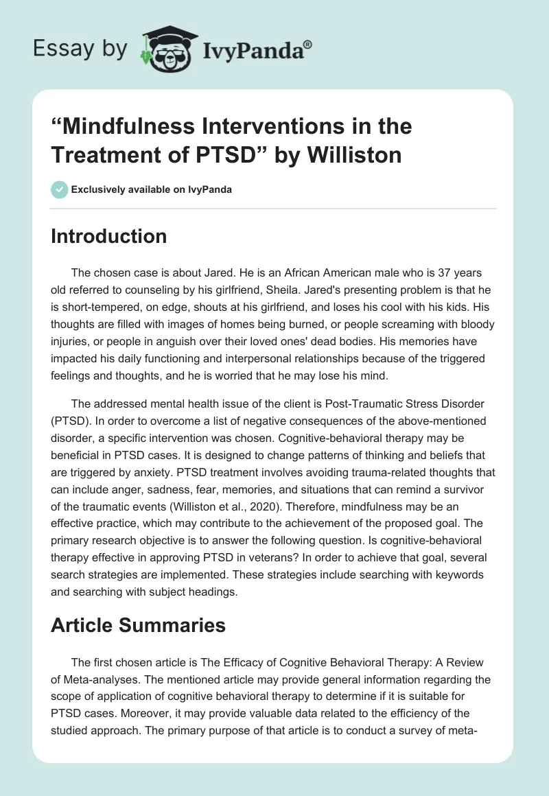 “Mindfulness Interventions in the Treatment of PTSD” by Williston. Page 1