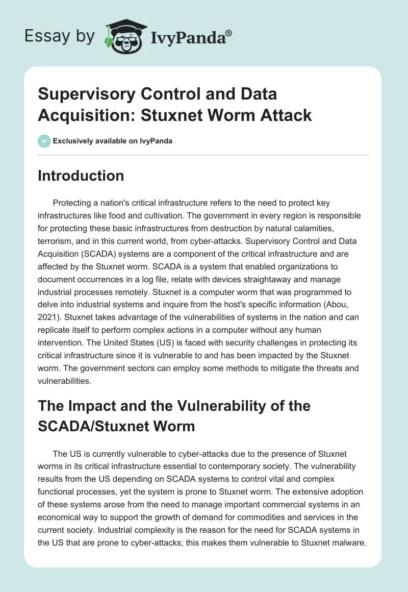 Supervisory Control and Data Acquisition: Stuxnet Worm Attack. Page 1