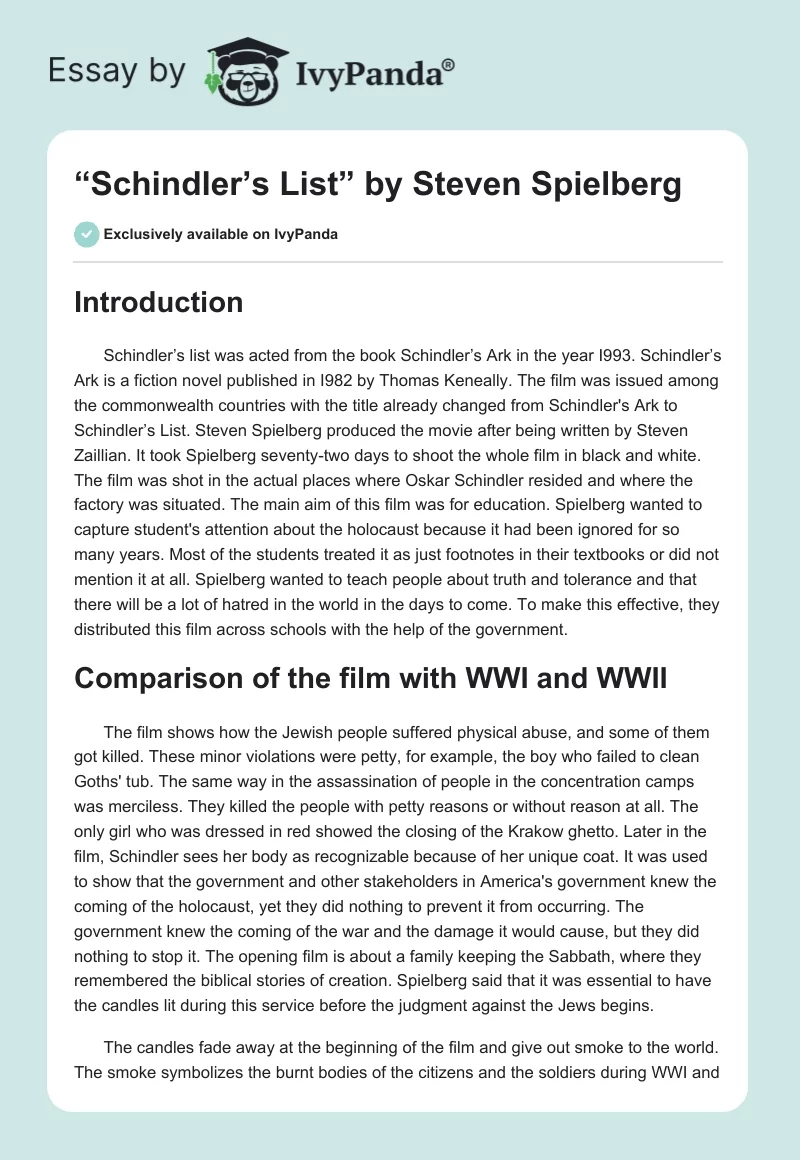 “Schindler’s List” by Steven Spielberg. Page 1
