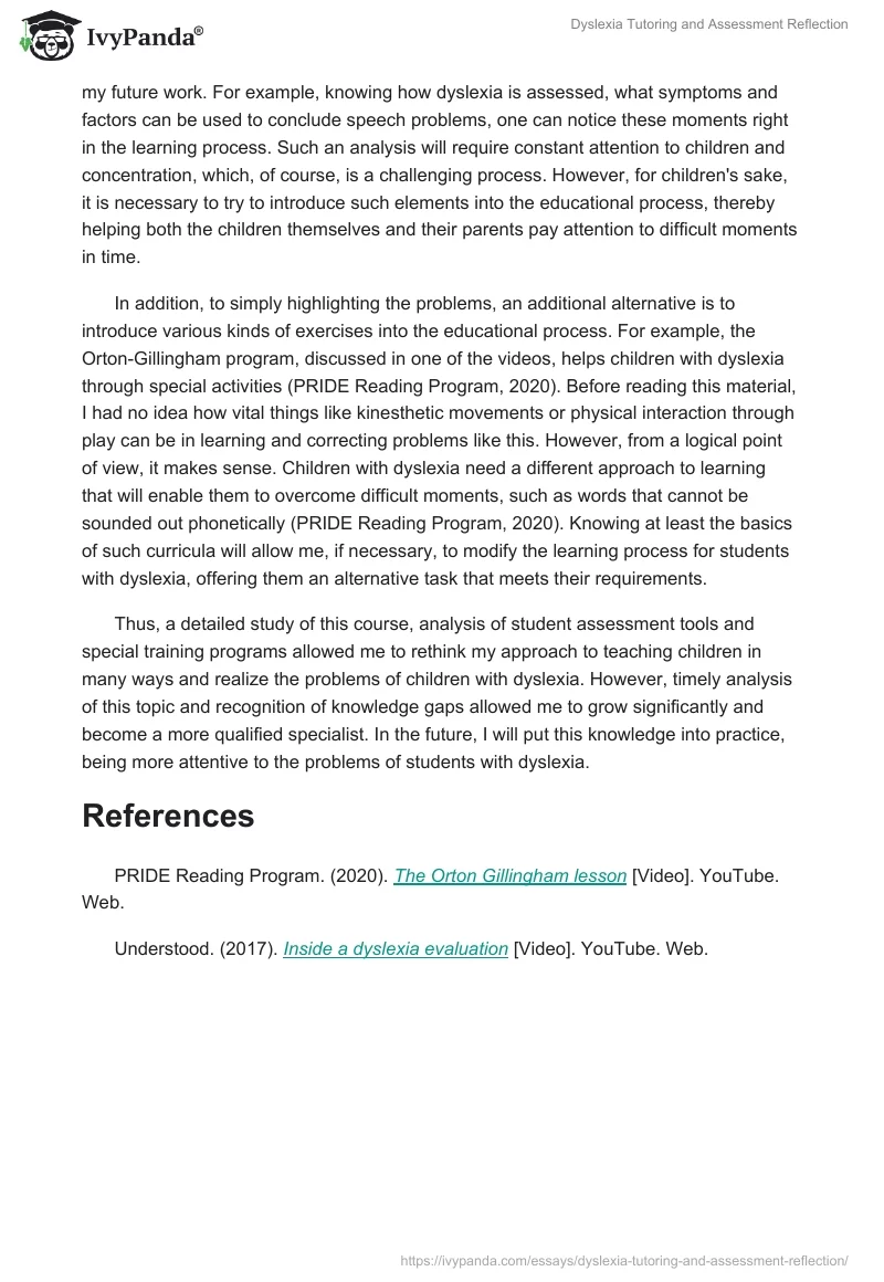 Dyslexia Tutoring and Assessment Reflection. Page 2