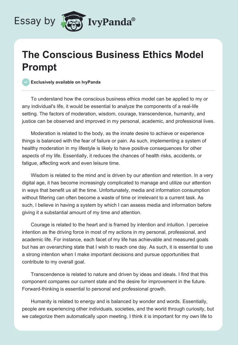 The Conscious Business Ethics Model Prompt. Page 1