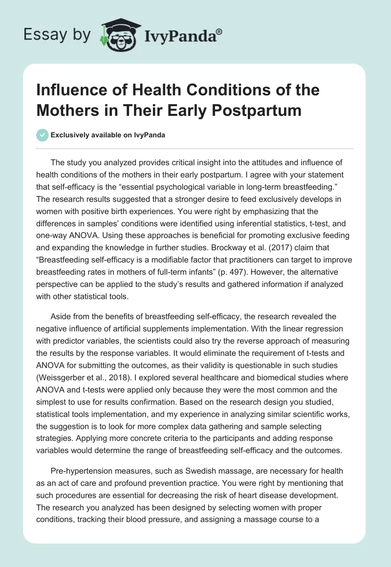 Influence of Health Conditions of the Mothers in Their Early Postpartum. Page 1