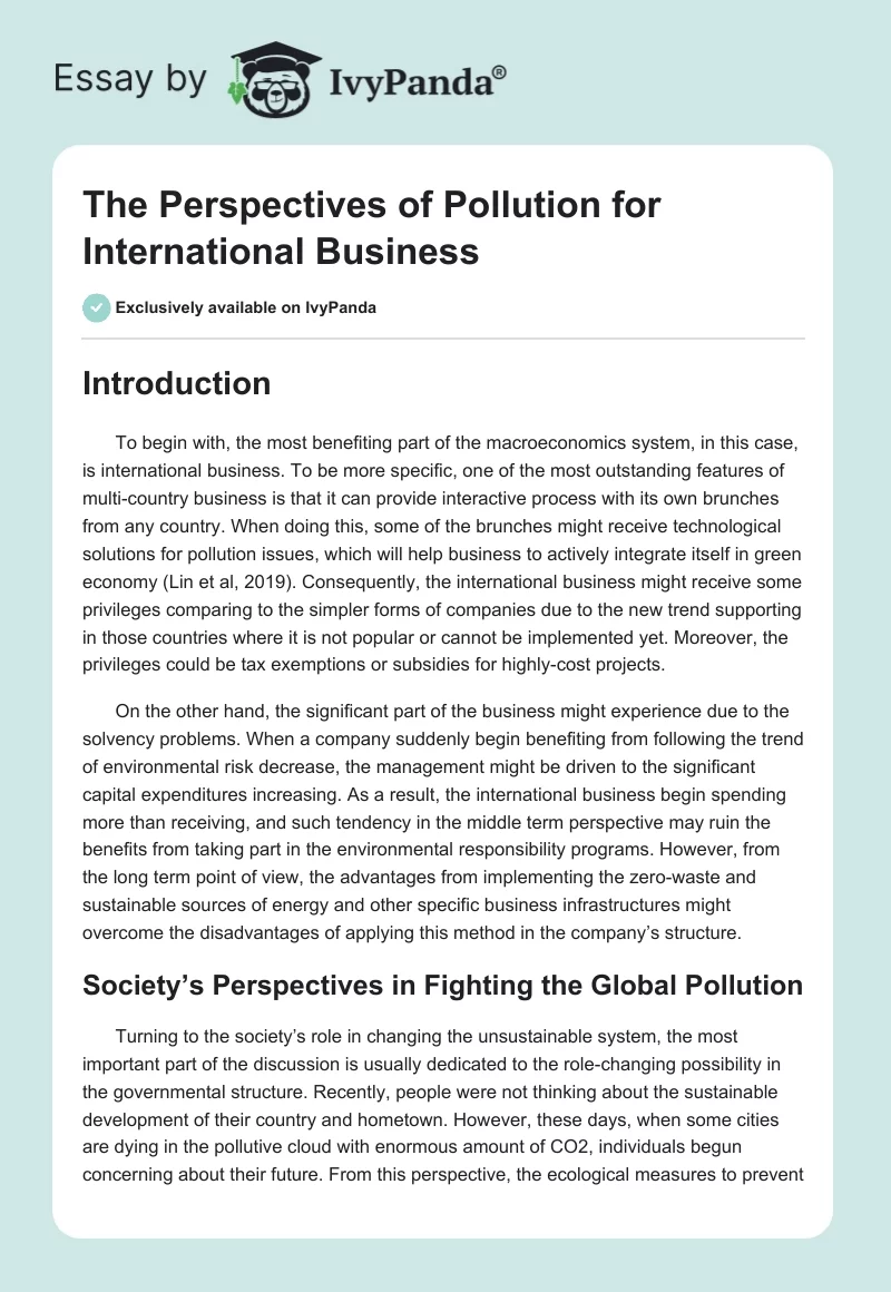 The Perspectives of Pollution for International Business. Page 1