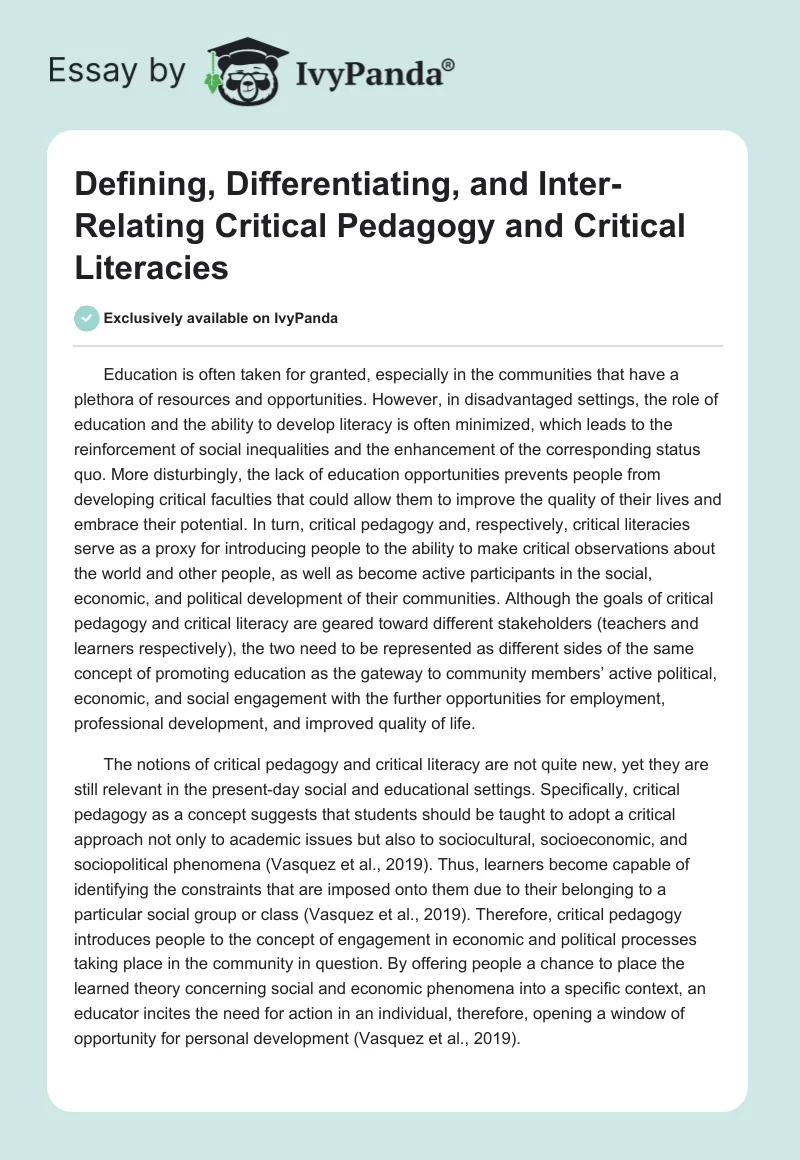 Defining, Differentiating, and Inter-Relating Critical Pedagogy and Critical Literacies. Page 1