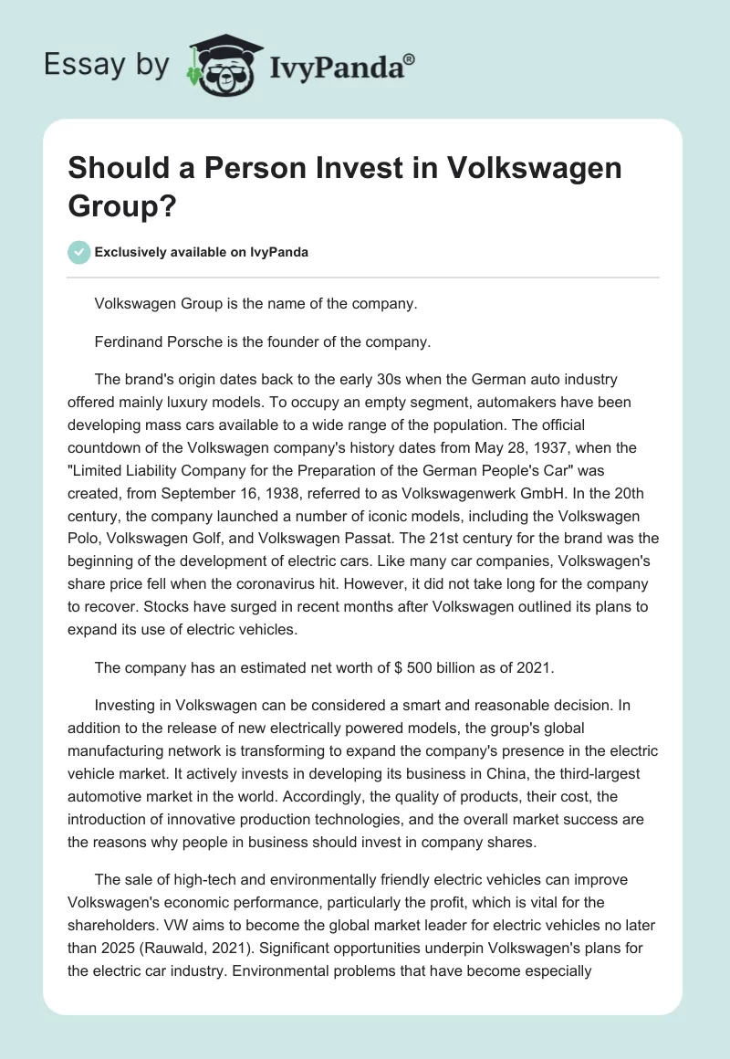 Should a Person Invest in Volkswagen Group?. Page 1