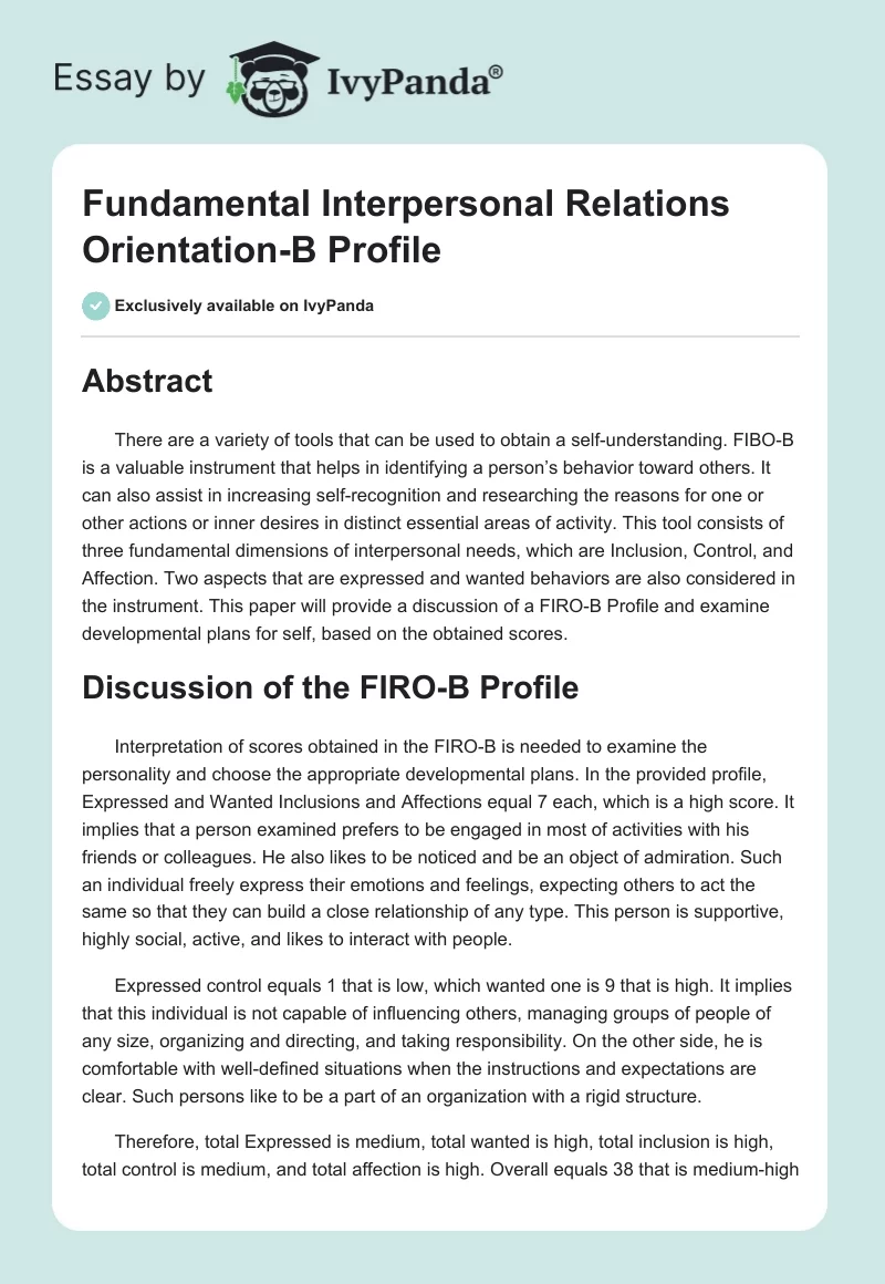 Fundamental Interpersonal Relations Orientation-B Profile. Page 1