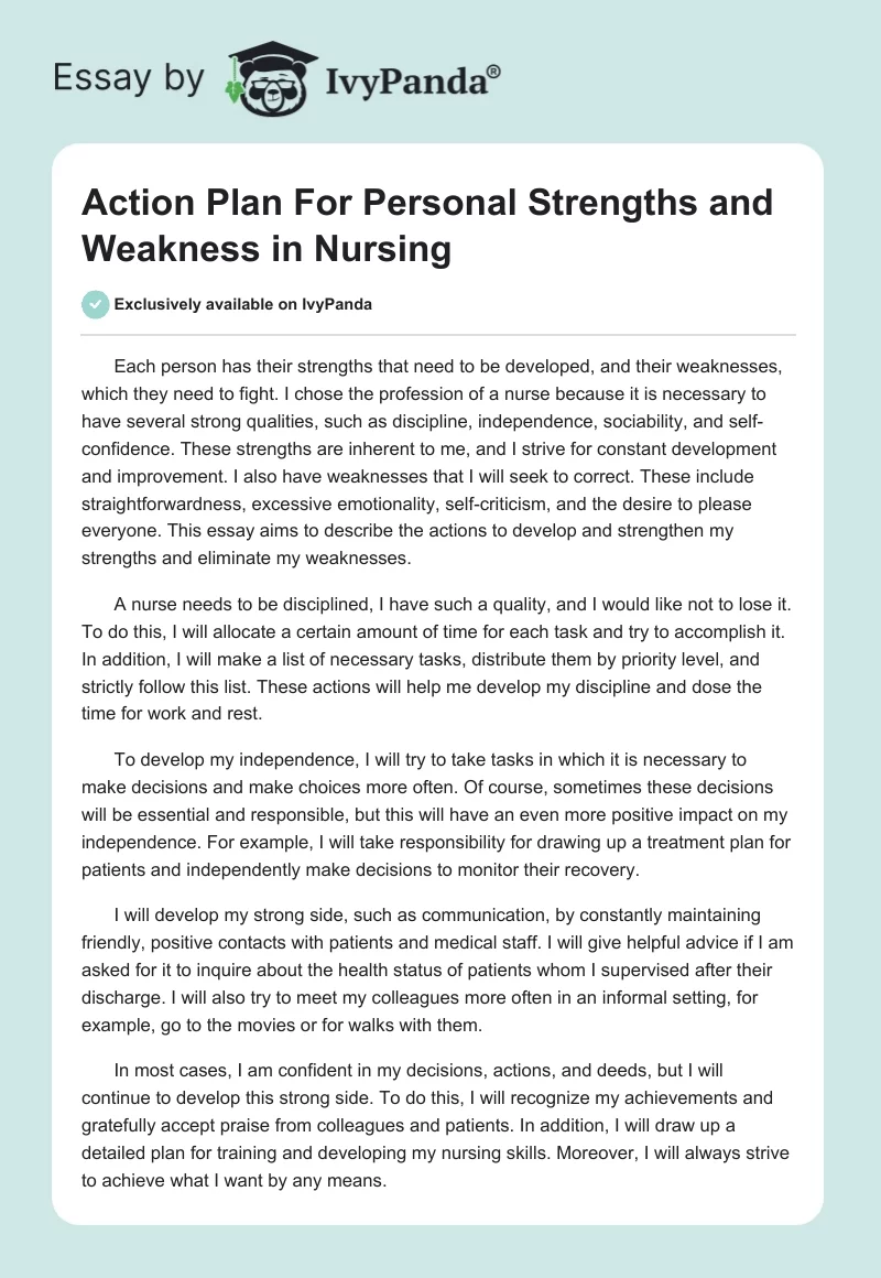Action Plan For Personal Strengths and Weakness in Nursing. Page 1