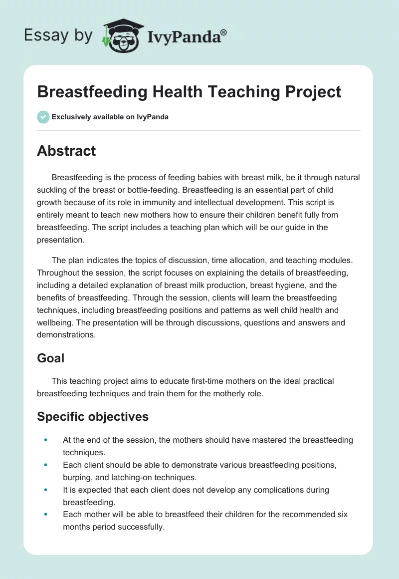 Breastfeeding Health Teaching Project. Page 1