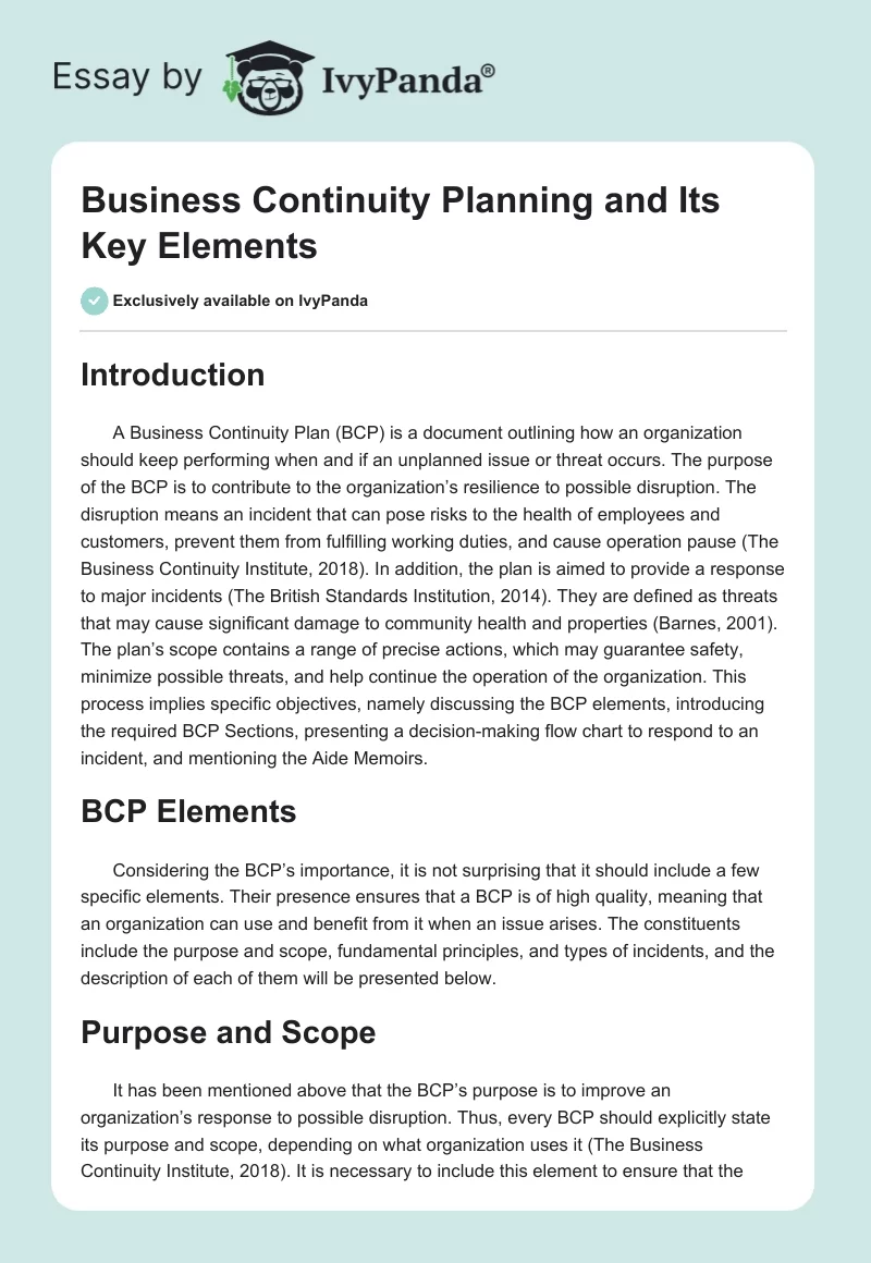 Business Continuity Planning and Its Key Elements. Page 1