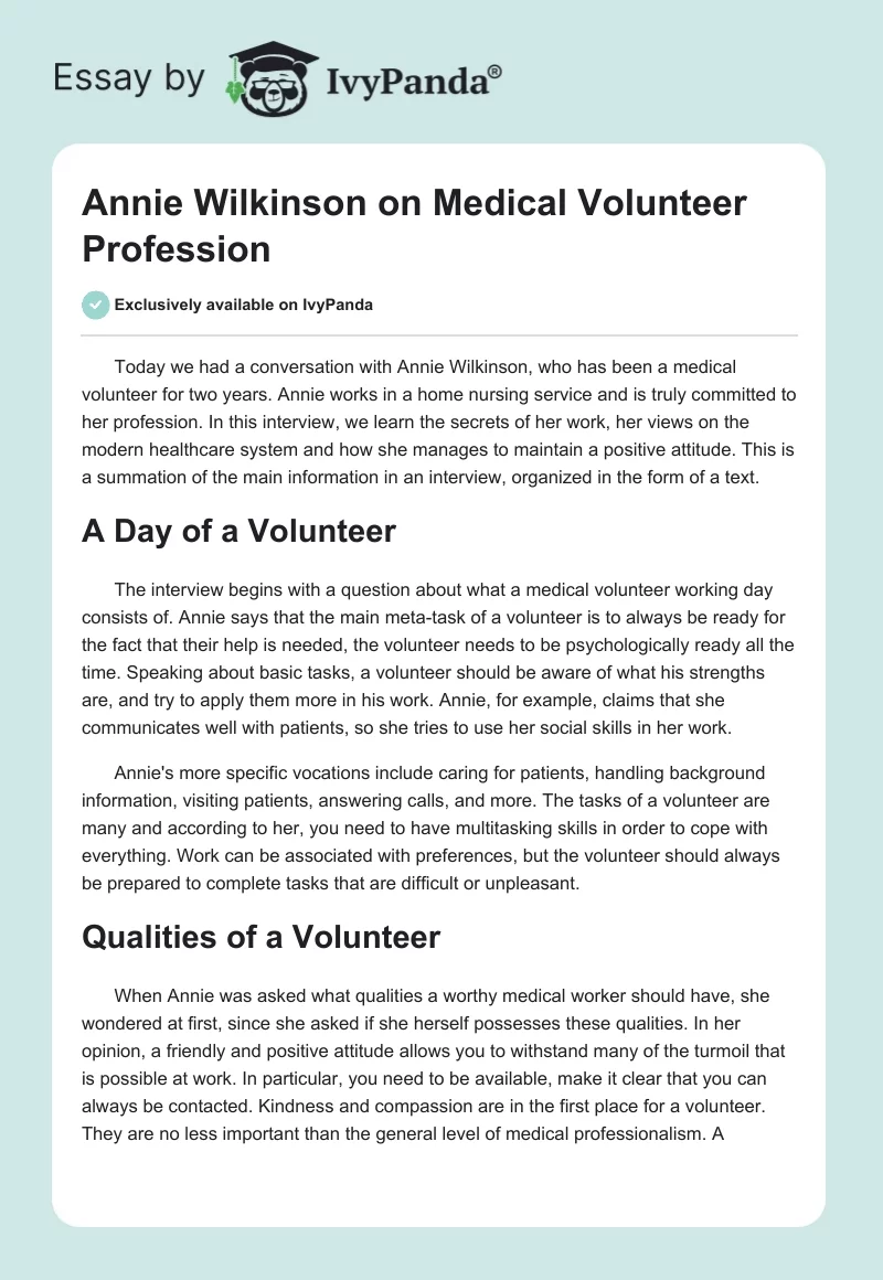 Annie Wilkinson on Medical Volunteer Profession. Page 1