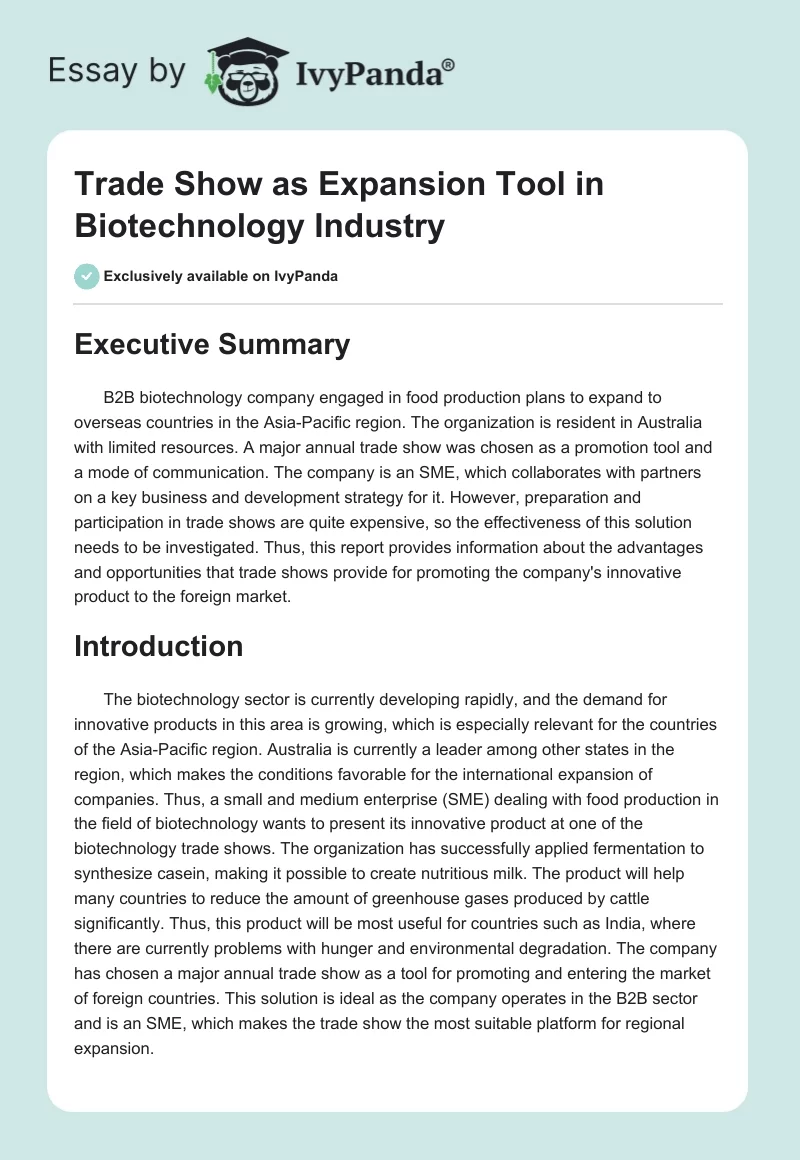 Trade Show as Expansion Tool in Biotechnology Industry. Page 1