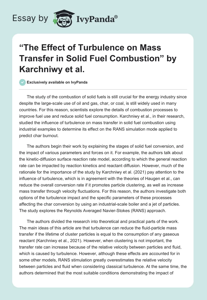 “The Effect of Turbulence on Mass Transfer in Solid Fuel Combustion” by Karchniwy et al.. Page 1