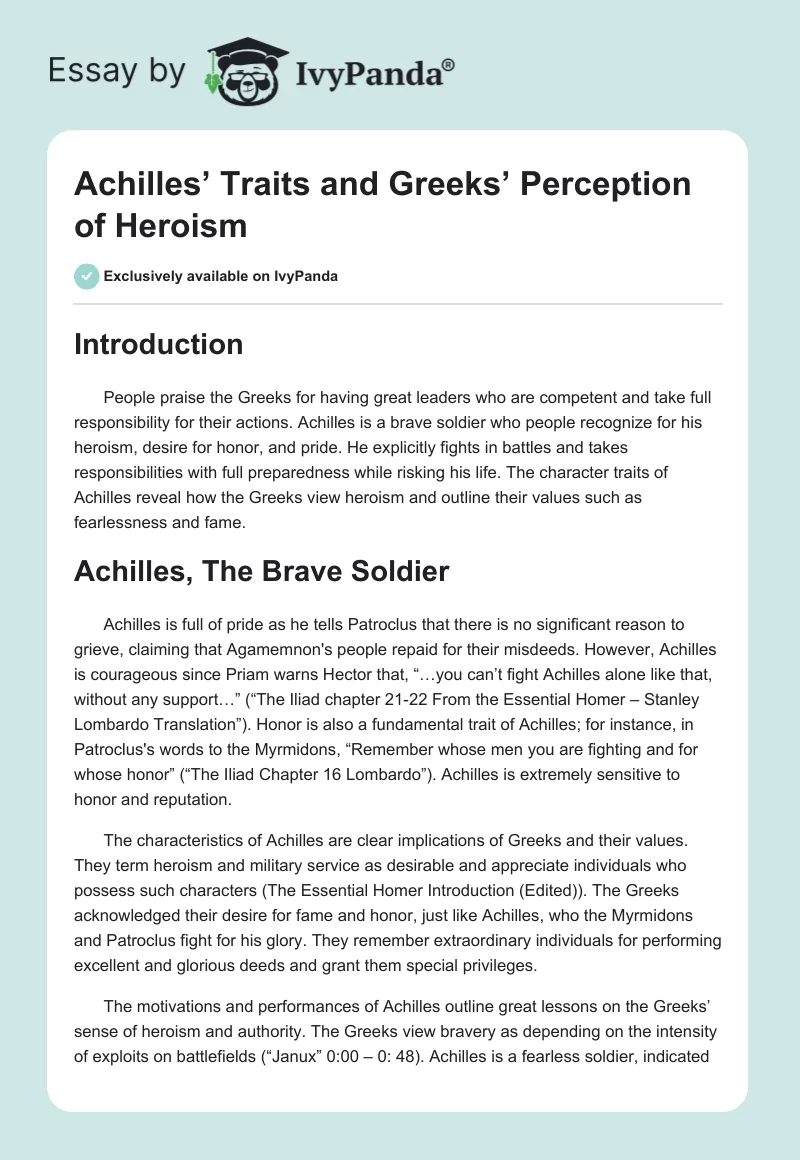 Achilles’ Traits and Greeks’ Perception of Heroism. Page 1