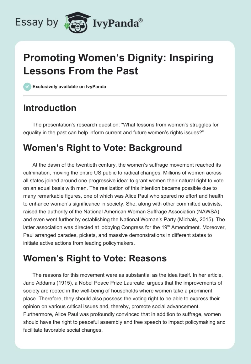 Promoting Women’s Dignity: Inspiring Lessons From the Past. Page 1