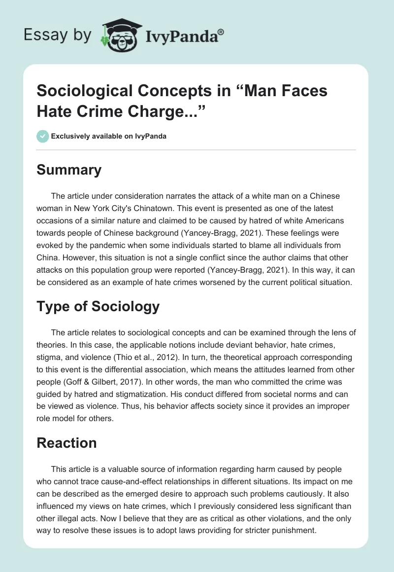 Sociological Concepts in “Man Faces Hate Crime Charge...”. Page 1