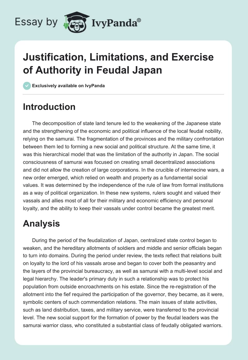 Justification, Limitations, and Exercise of Authority in Feudal Japan. Page 1