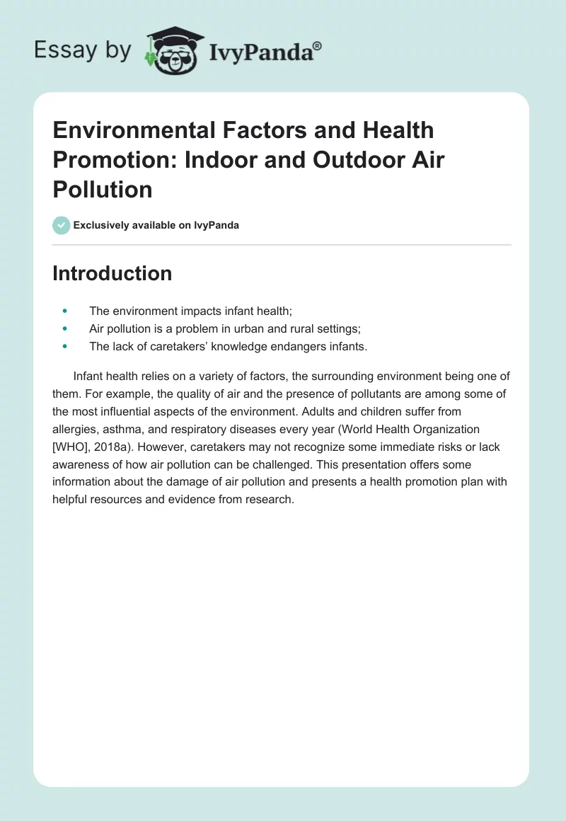 Environmental Factors and Health Promotion: Indoor and Outdoor Air Pollution. Page 1