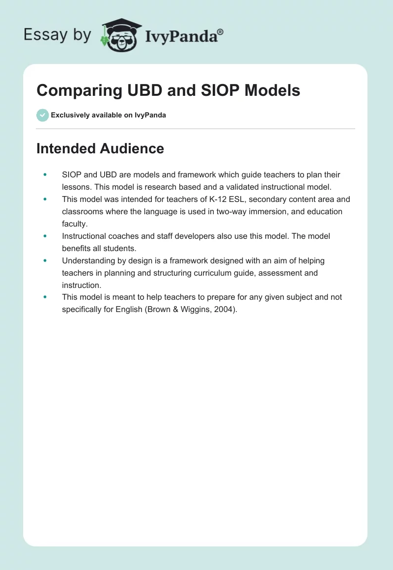 Comparing UBD and SIOP Models. Page 1