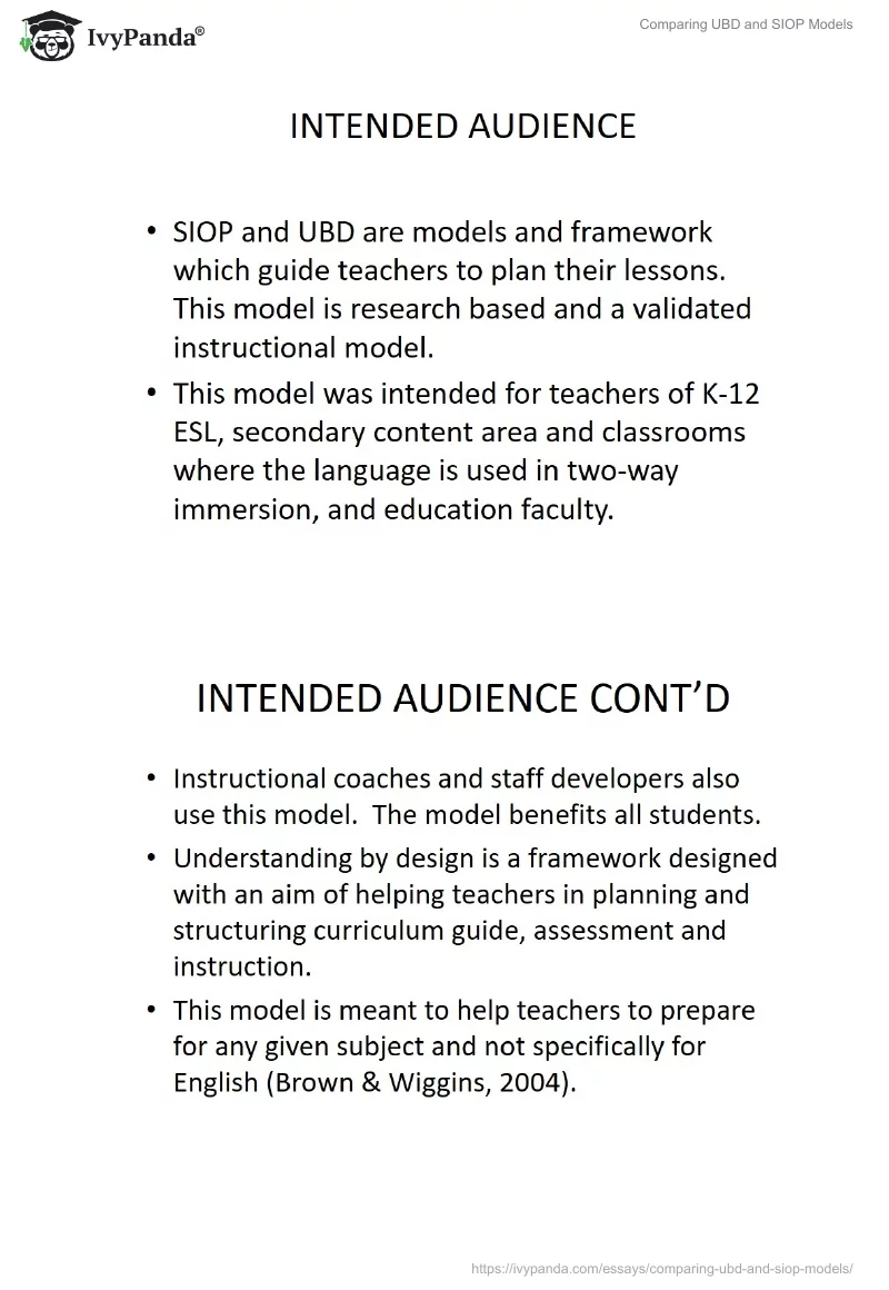 Comparing UBD and SIOP Models. Page 2