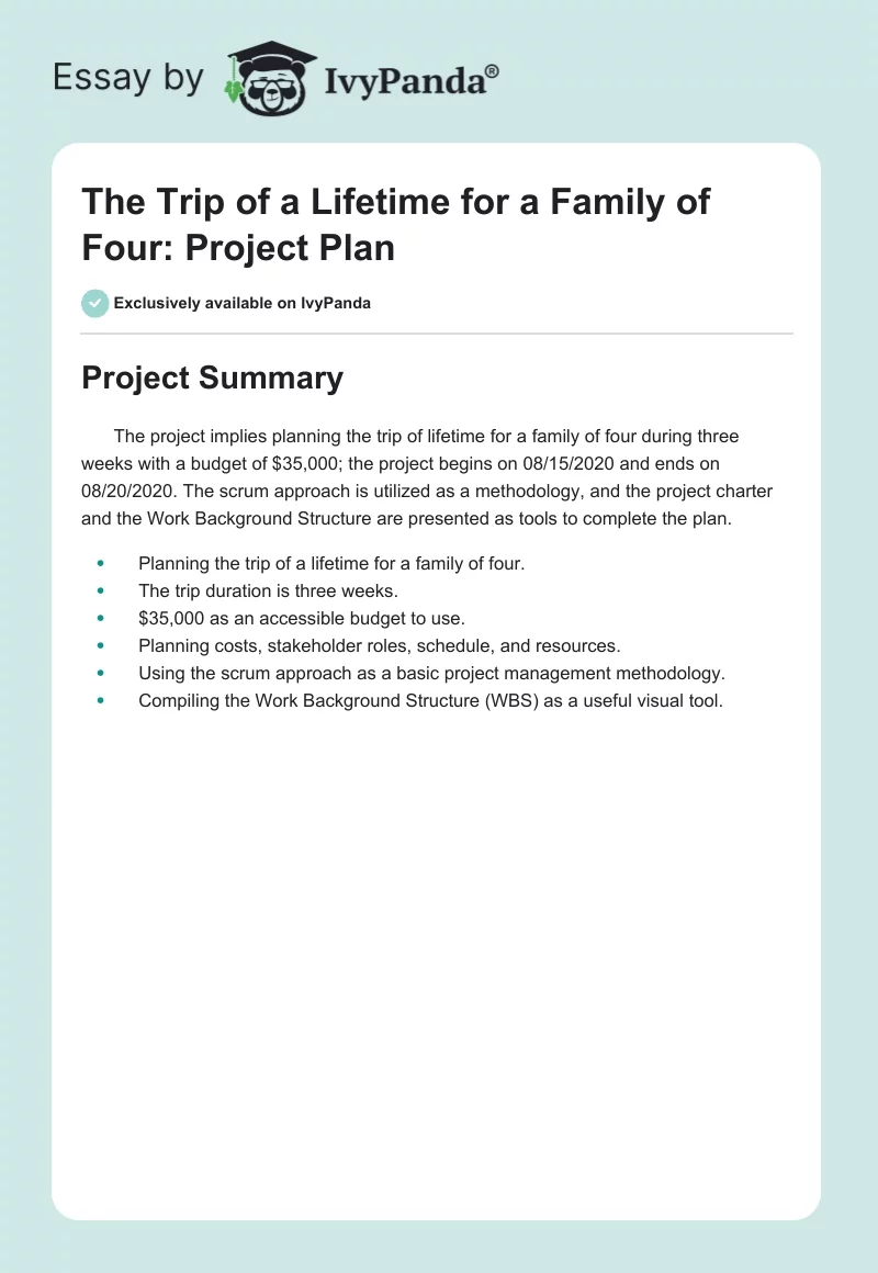 The Trip of a Lifetime for a Family of Four: Project Plan. Page 1