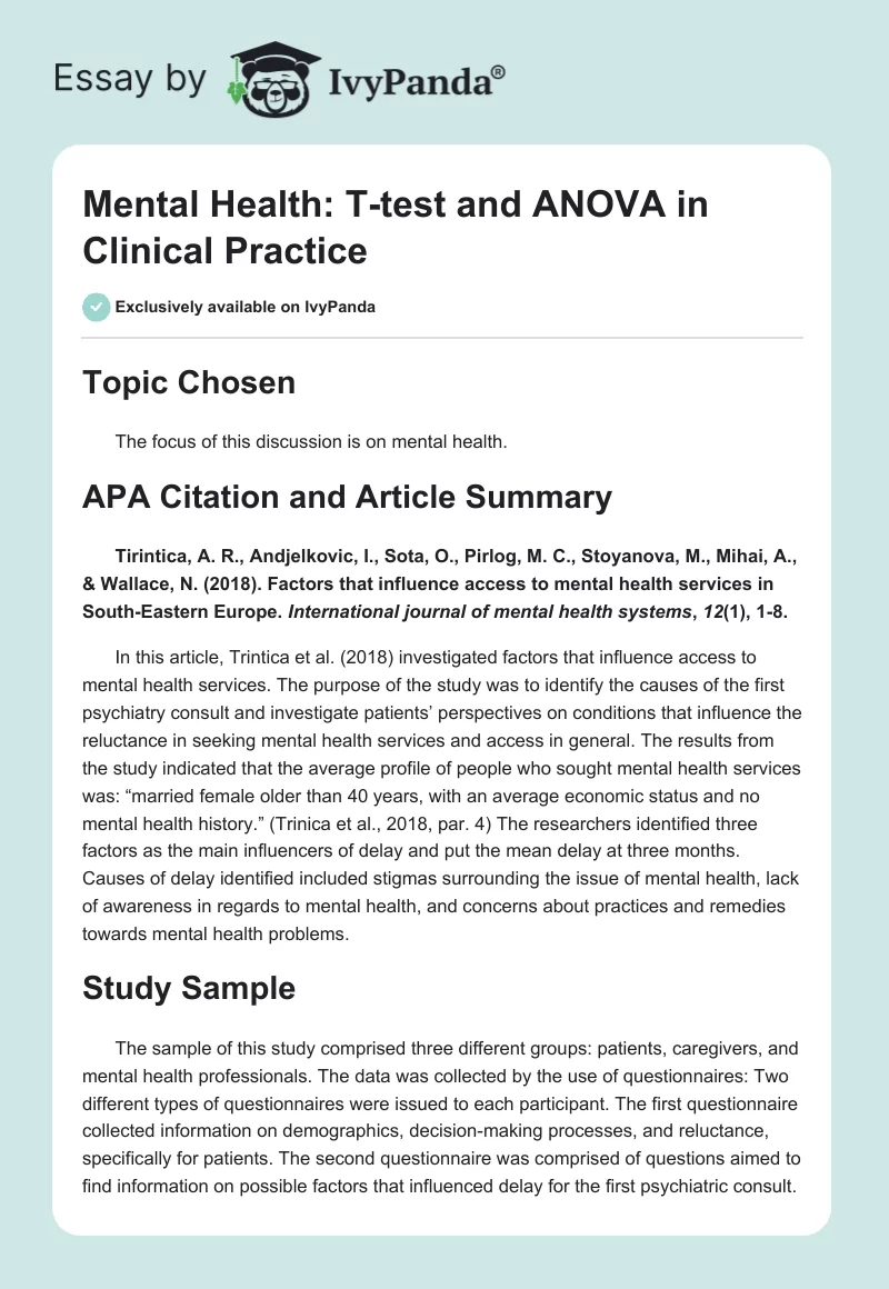 Mental Health: T-Test and ANOVA in Clinical Practice. Page 1