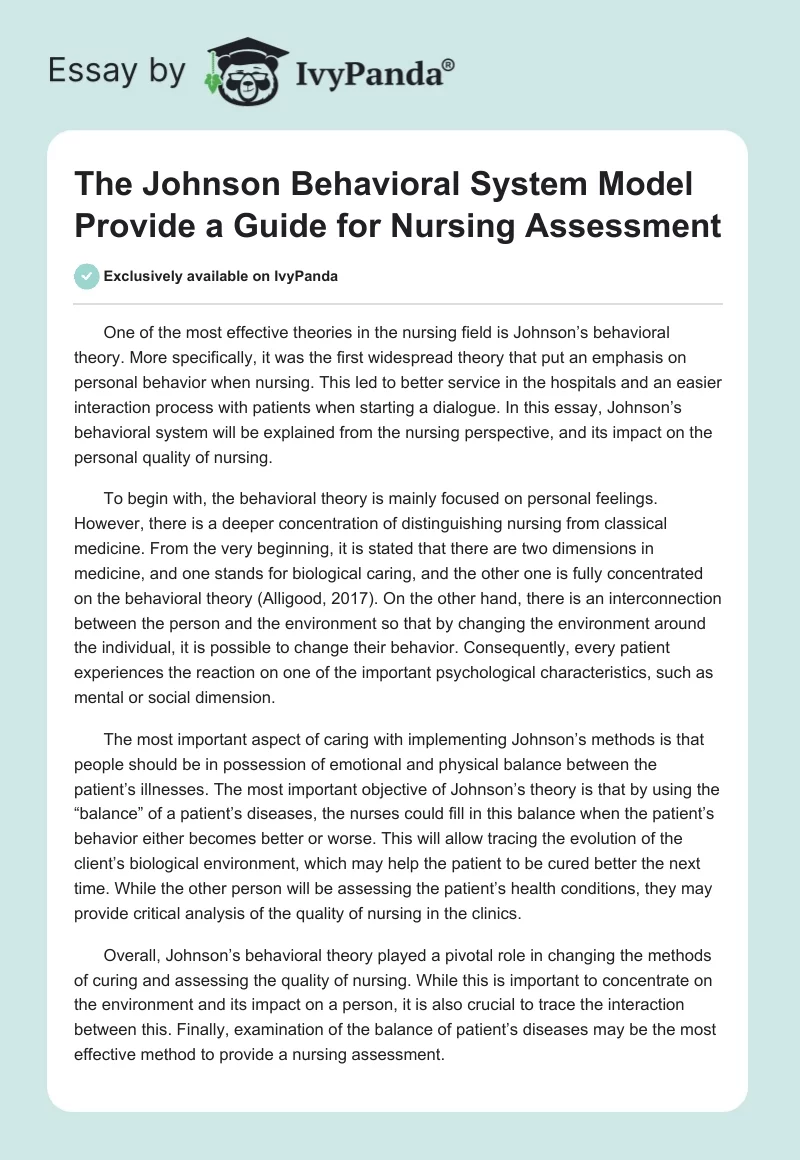 The Johnson Behavioral System Model Provide a Guide for Nursing Assessment. Page 1