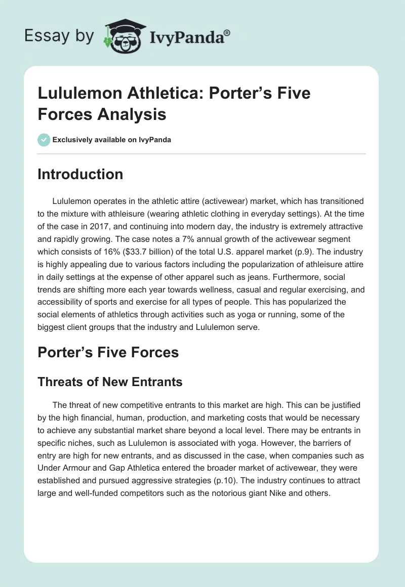 Lululemon Athletica: Porter’s Five Forces Analysis. Page 1