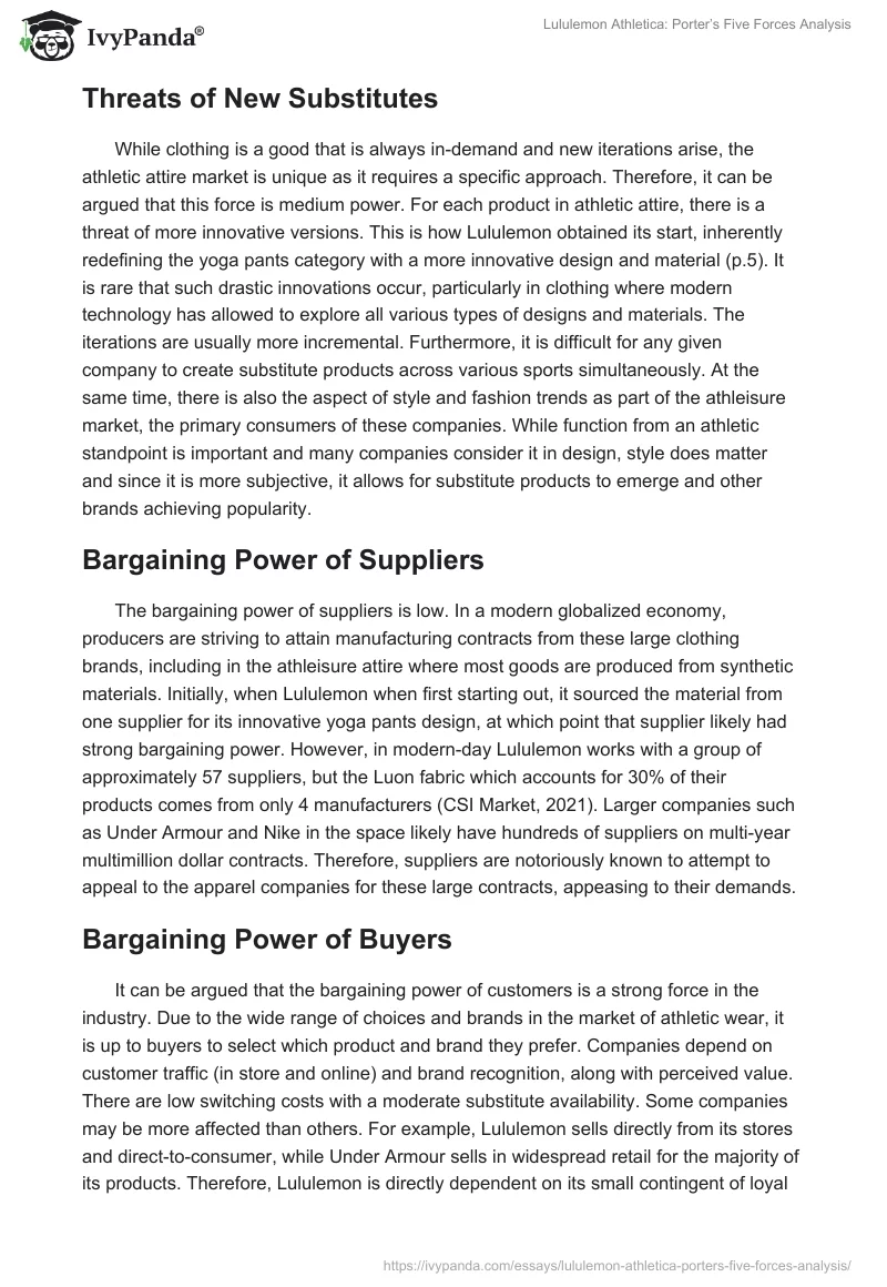 Lululemon Athletica: Porter’s Five Forces Analysis. Page 2