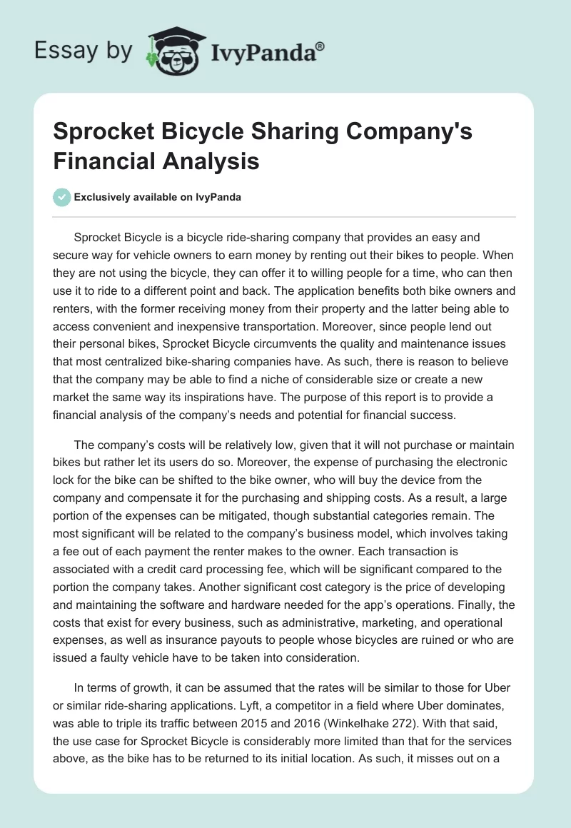 Sprocket Bicycle Sharing Company's Financial Analysis. Page 1