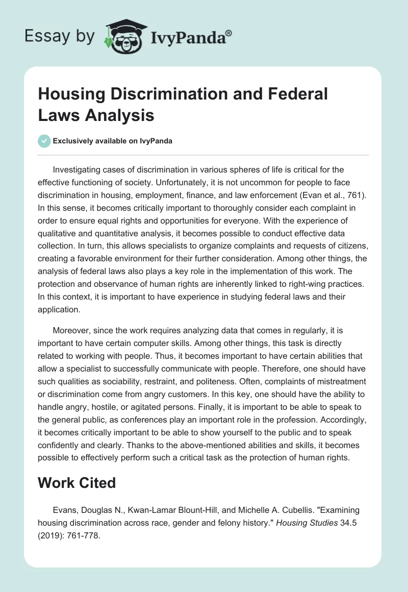 Housing Discrimination and Federal Laws Analysis. Page 1