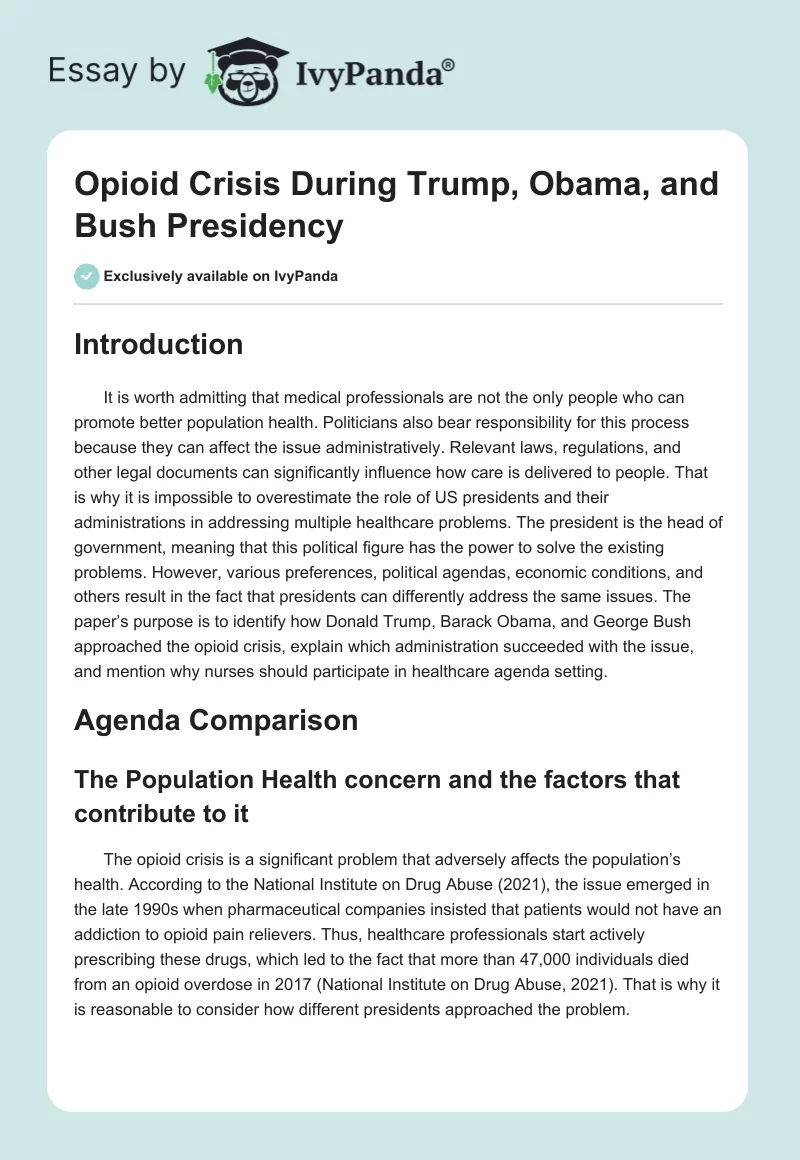 Opioid Crisis During Trump, Obama, and Bush Presidency. Page 1
