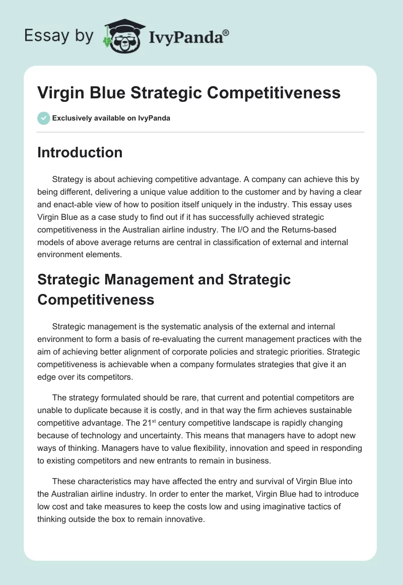 Virgin Blue Strategic Competitiveness. Page 1