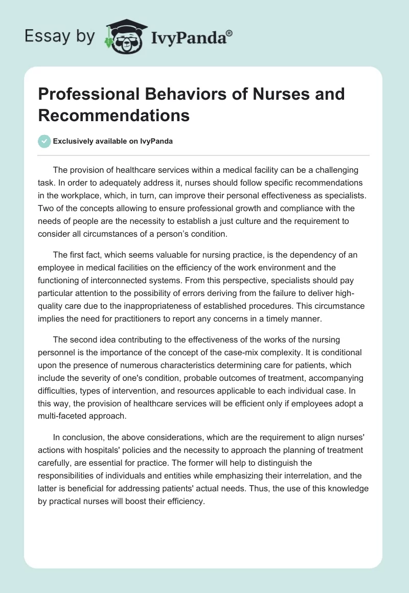 Professional Behaviors of Nurses and Recommendations. Page 1